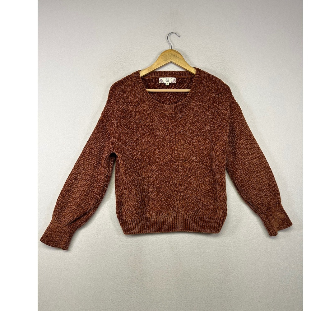 Cozy Boho Pink Rose Women M Rust Brown Chenille Knit Crew Neck Pullover Sweater